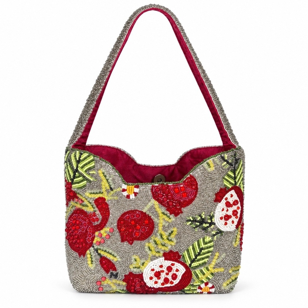 NWT Made in India Hand Beaded Shoulder Bag Silver Red Green Pomegranate Fruit